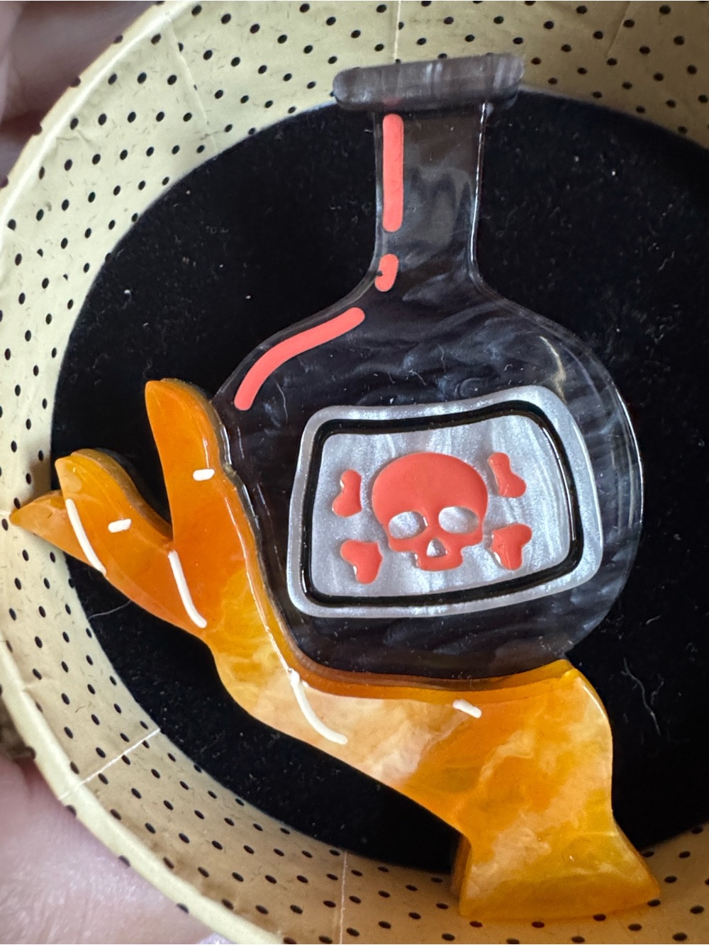 Decorative Hand and potion, Skull Ornament — Orange and Black Accent brooch